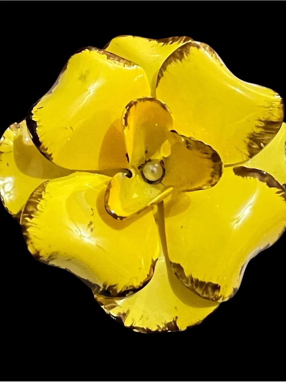 Yellow Enamel Flower Brooch with Brown Accents Hippie Flower Power